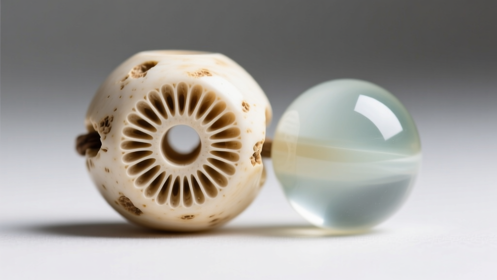 Macro shot of bone bead surface showing natural Haversian canals, placed next to a smooth synthetic resin bead for visual contrast.
