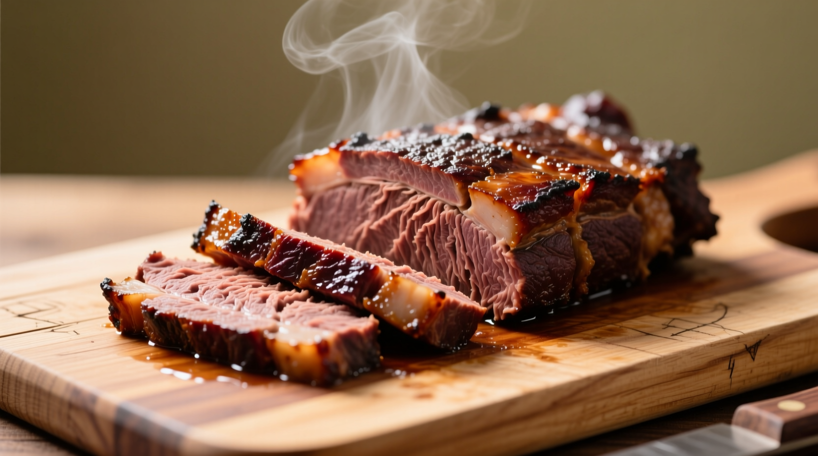 Sliced slow cooker beef brisket on wooden cutting board