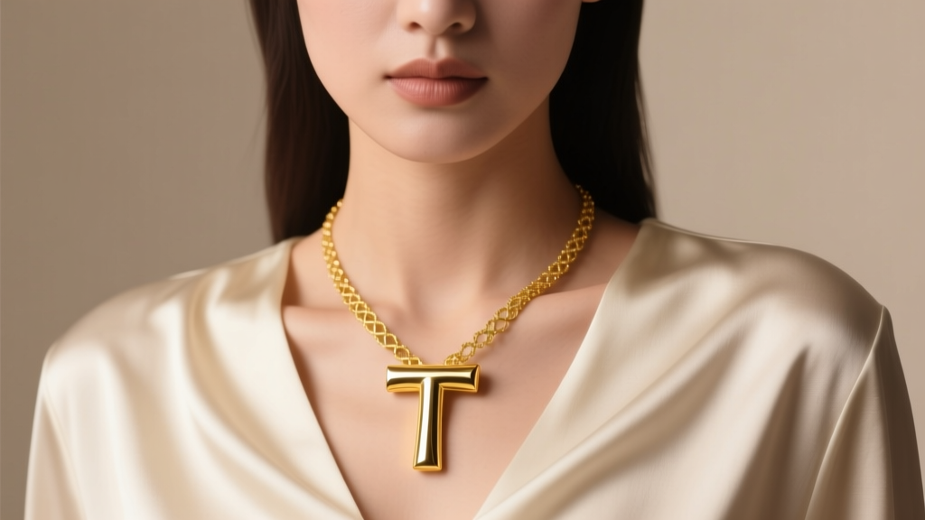Close-up of a woman wearing an 18k yellow gold T pendant necklace resting on a silk blouse, soft studio lighting highlighting gold
