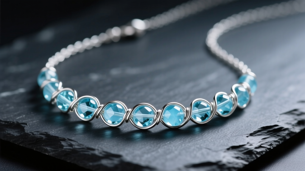 Macro photography of a 24-gauge sterling silver wire necklace woven with translucent blue aquamarine beads resting on dark slate