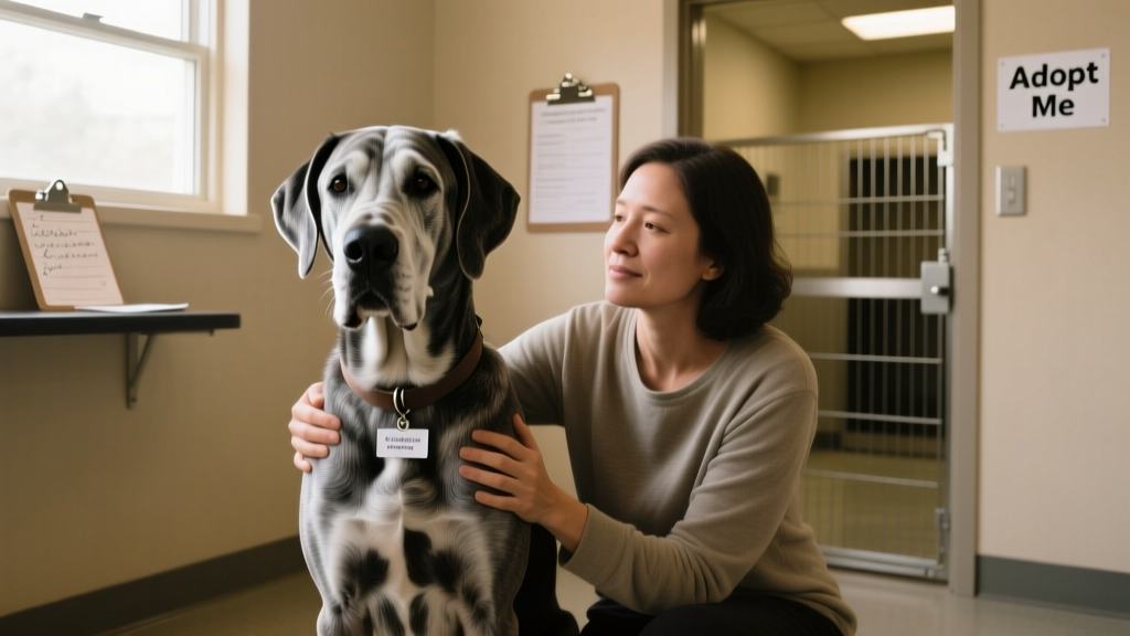 A calm, well-groomed Great Dane sitting beside a person in a shelter intake area