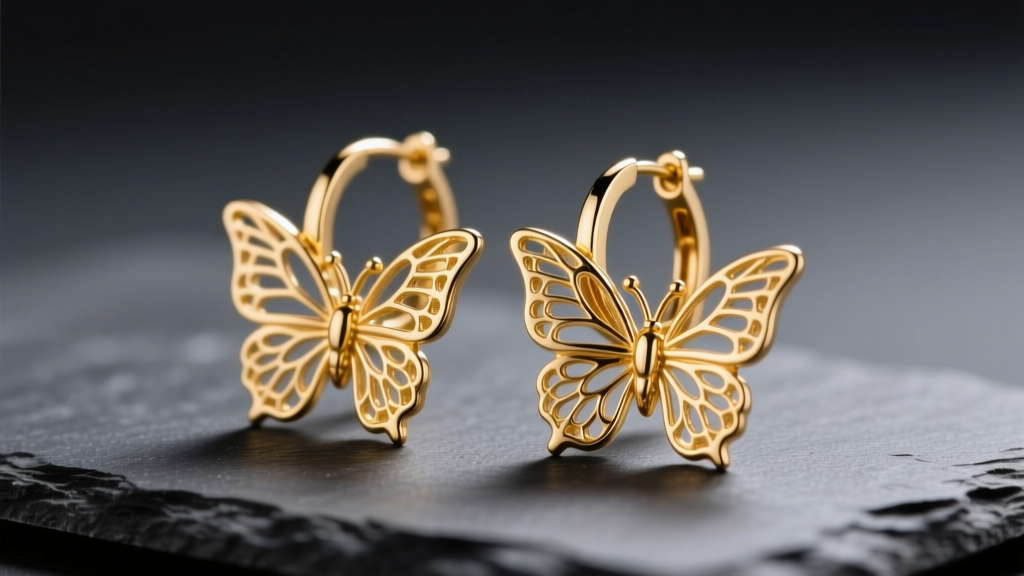 Macro shot of 14k gold hoop butterfly earrings with filigree wings on dark slate, lit by soft directional studio lighting