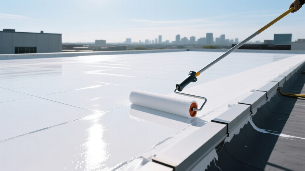 Commercial flat roof being coated with bright white reflective silicone roofing material using a heavy-duty roller on a sunny day