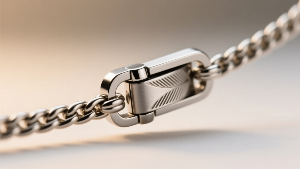 Macro shot of a Grade 5 titanium smart jewelry clasp connecting to a 2mm stainless steel wheat chain, highlighting CNC milling