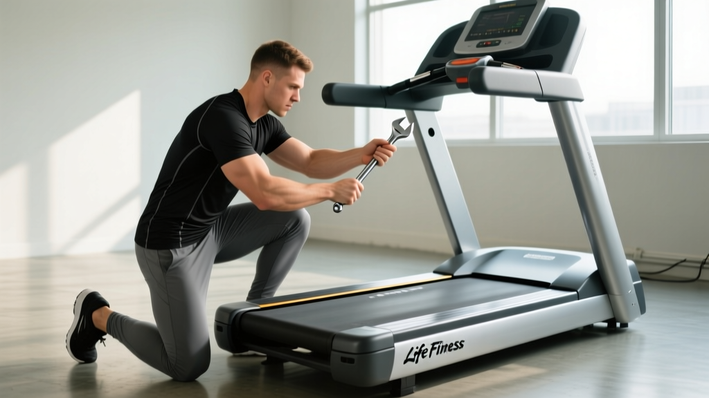 Fitness technician using a socket wrench to detach the console and handrails from a commercial Life Fitness treadmill