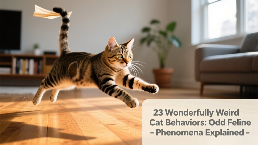 A young tabby cat mid-zoom, paws splayed, tail high, racing across a hardwood floor