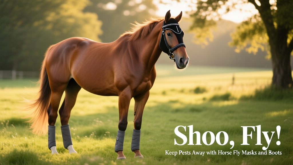 A calm horse wearing a well-fitted fly mask and matching fly boots in a sunny pasture