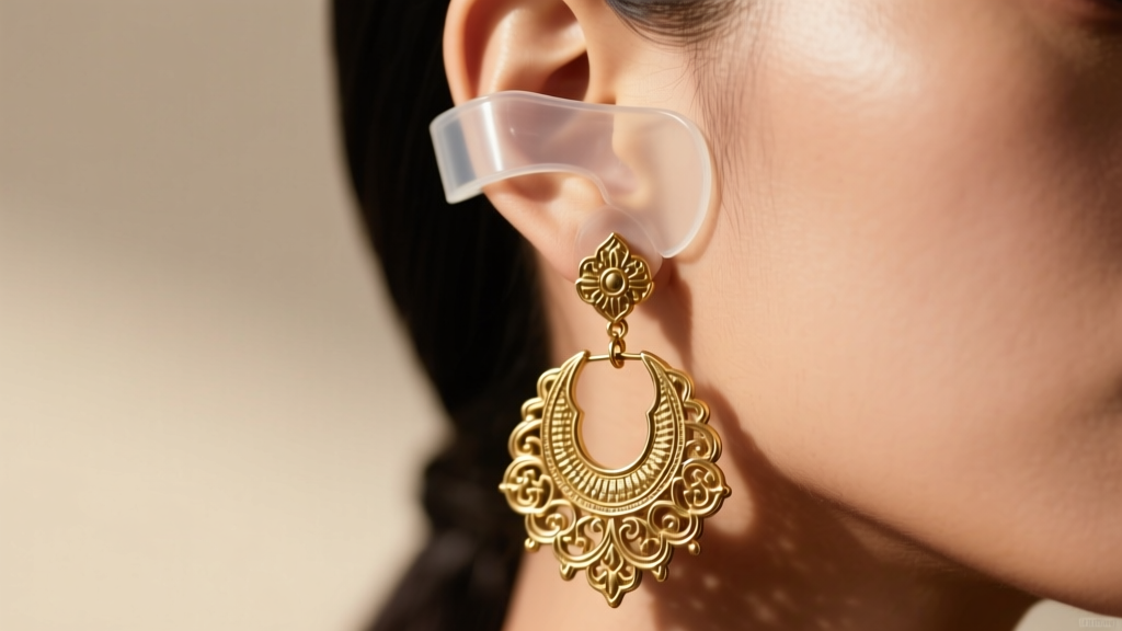 Close-up of heavy brass temple earrings worn with a clear silicone support patch behind the lobe, in soft natural light