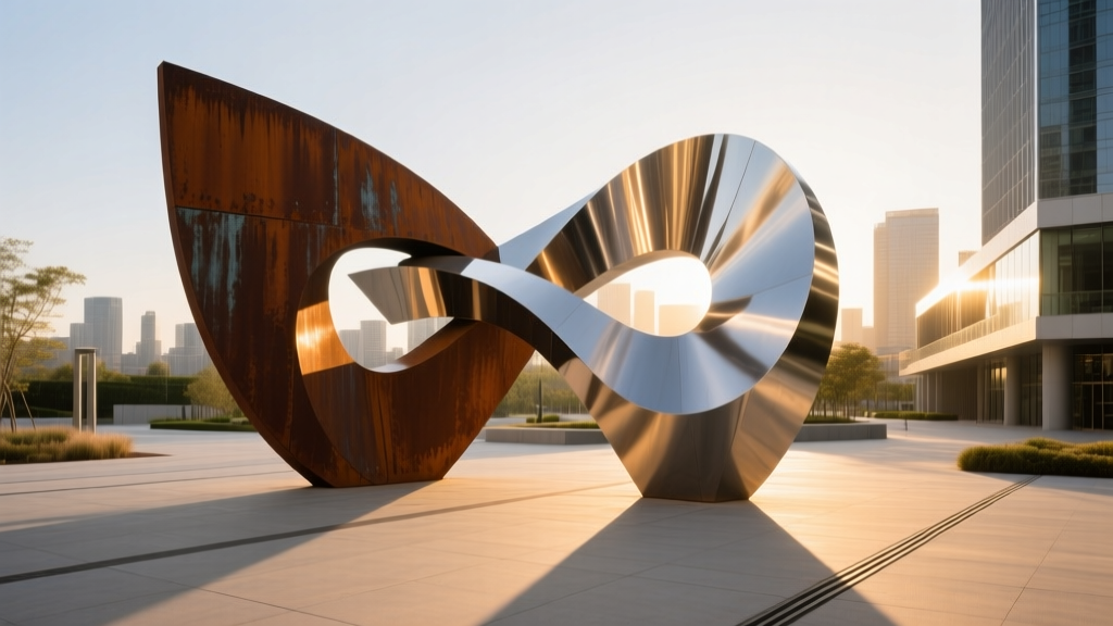 Large-scale abstract public sculpture made of weathering Corten steel and polished 316L stainless steel in a modern urban plaza