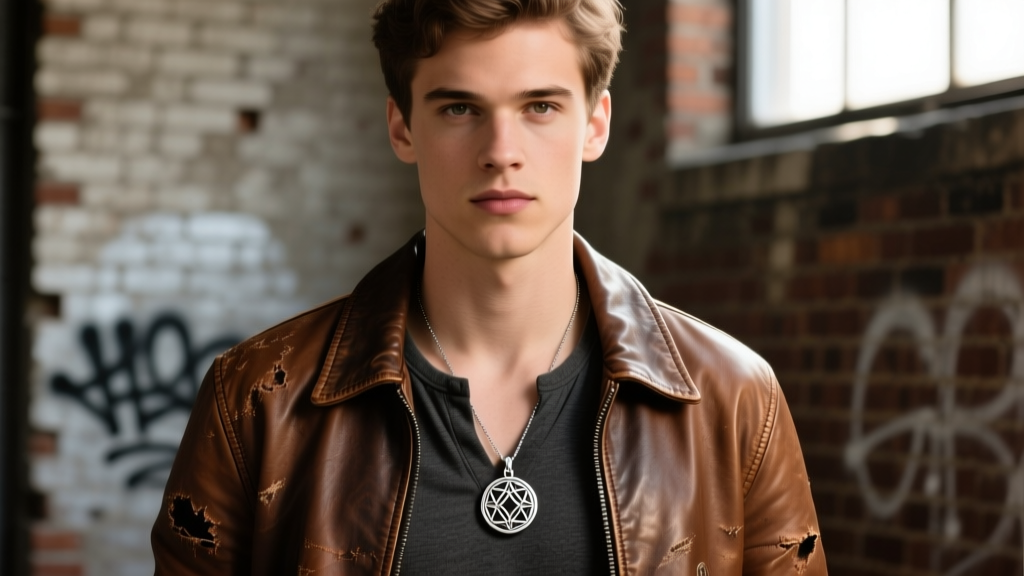 Man in a distressed brown leather jacket and dark henley, showcasing a silver amulet resting just below the collarbone.