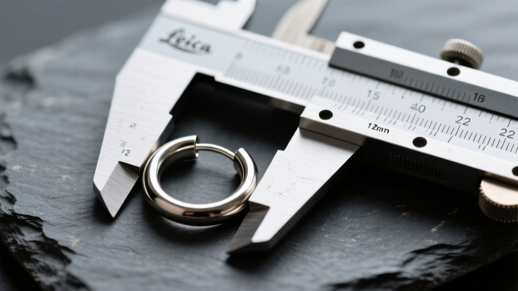 Macro shot of calipers measuring a 12mm steel hoop earring on slate, showing precise inner diameter measurements in sharp focus.