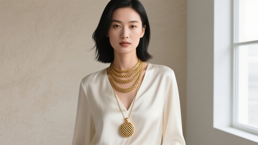 Woman in silk V-neck blouse wearing a layered 16-inch and 18-inch gold necklace set featuring textured Italian woven pendants.