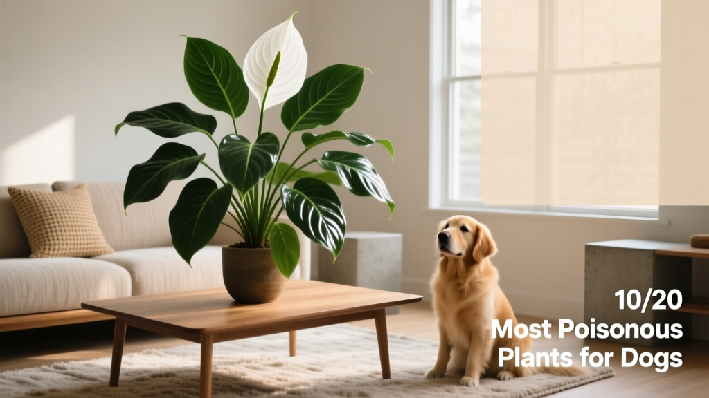 Peace lily with glossy green leaves and white spathes in a modern living room