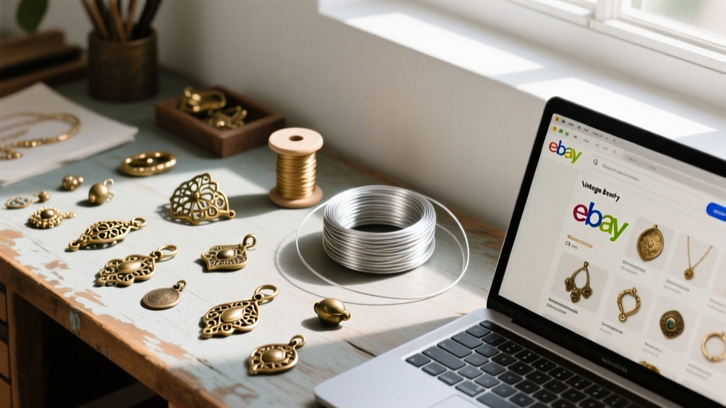 Overhead view of DIY jewelry desk with vintage brass findings, 20-gauge silver wire, and a laptop showing eBay search results.