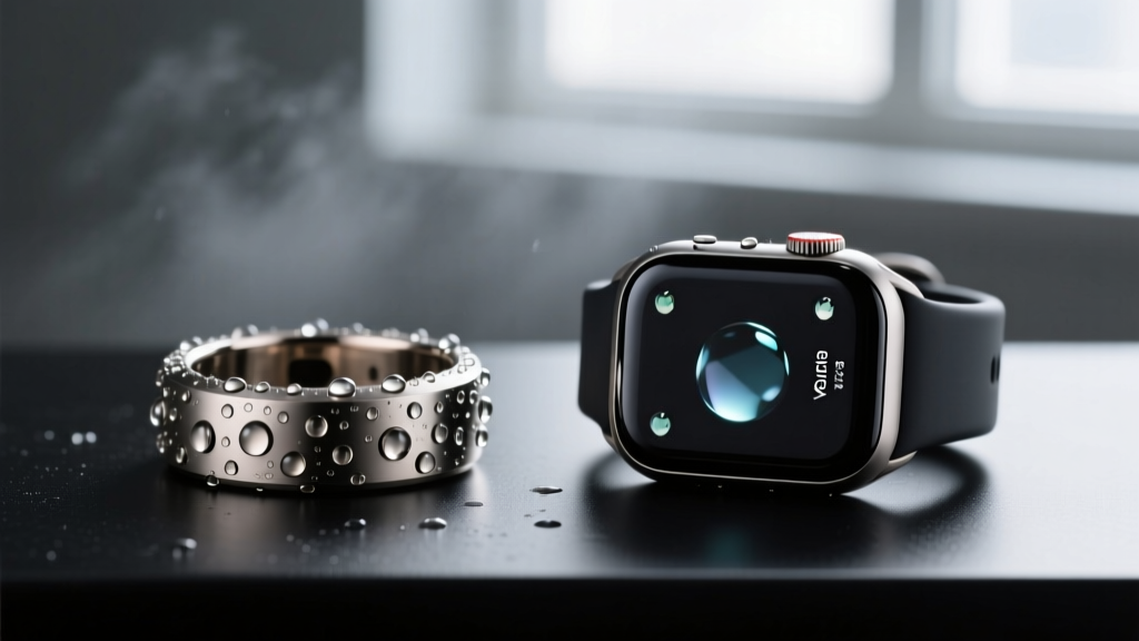 Side-by-side water droplet beading test on an Oura Ring 4 titanium finish and an Apple Watch Ultra 3 sapphire display in a humid room