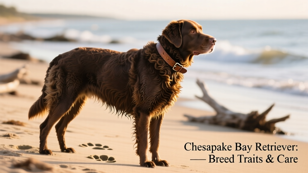 Side profile of a Chesapeake Bay Retriever standing confidently on land, showcasing its muscular build and dense, wavy coat