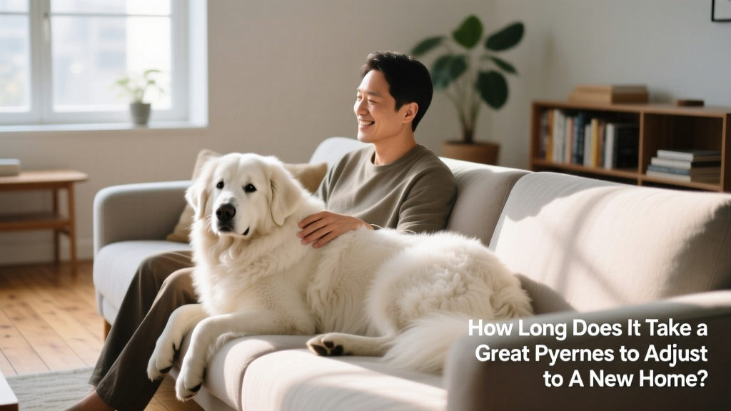 A happy, relaxed Great Pyrenees lying beside their owner on a sofa, both sharing a peaceful moment together