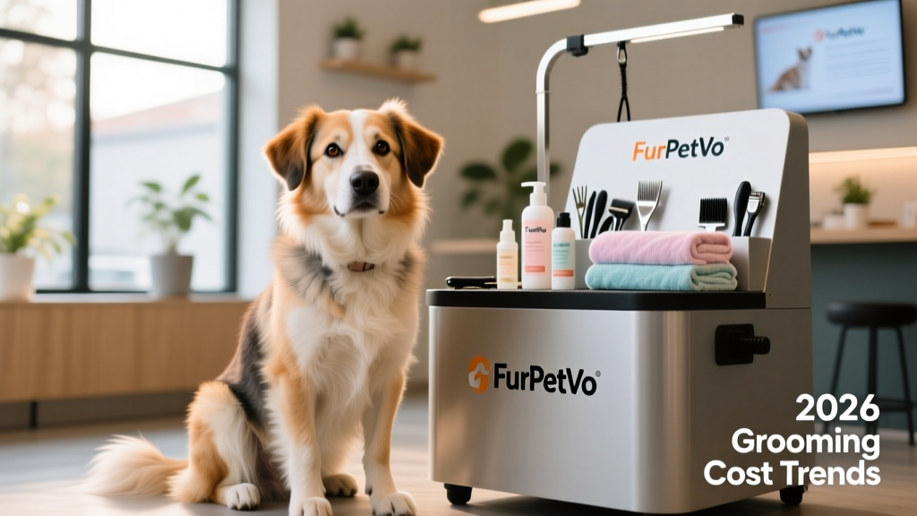 Happy, freshly groomed mixed-breed dog sitting calmly beside a FurPetVo grooming station with branded towels and supplies