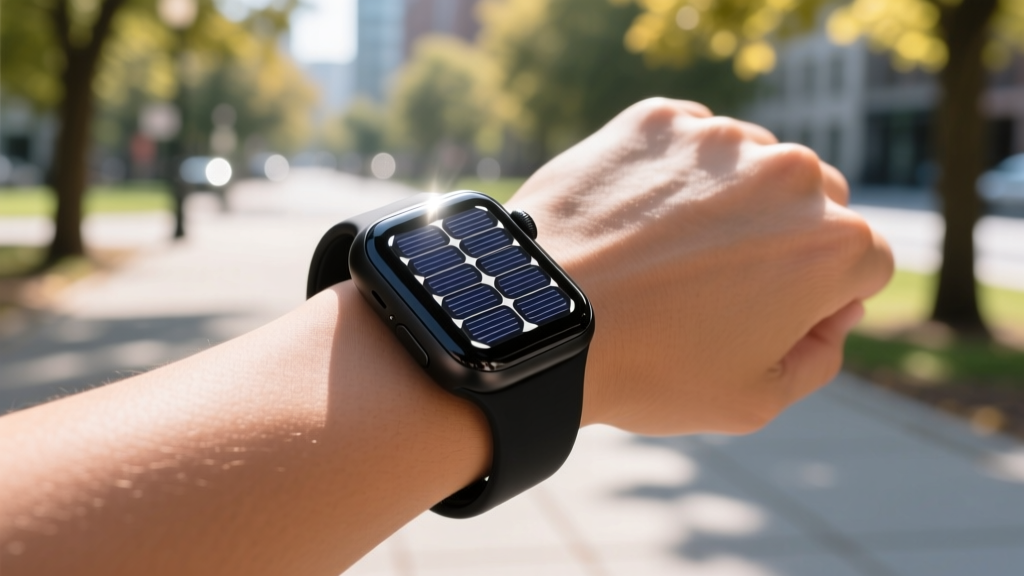 Close-up of a sleek, matte-black solar-charging smartwatch band wrapped around a wrist, catching bright outdoor sunlight with visible photovoltaic cells integrated into the strap.