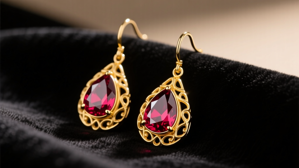 Close-up of 18k yellow gold dangle earrings with pear-cut Burmese rubies resting on dark velvet under soft, warm studio lighting