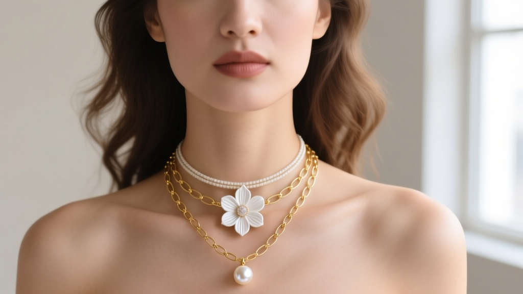 A model wearing a layered necklace stack featuring a white floral pendant, a delicate gold paperclip chain, and a single pearl.