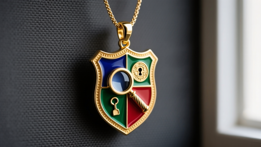 Close-up of a custom 18k gold detective shield pendant with enamel detailing, hanging from a cable chain against charcoal fabric.