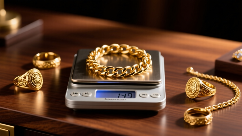Vintage 14k and 18k gold rings and heavy chains resting on a digital jeweler scale on a dark wood desk under warm studio lighting
