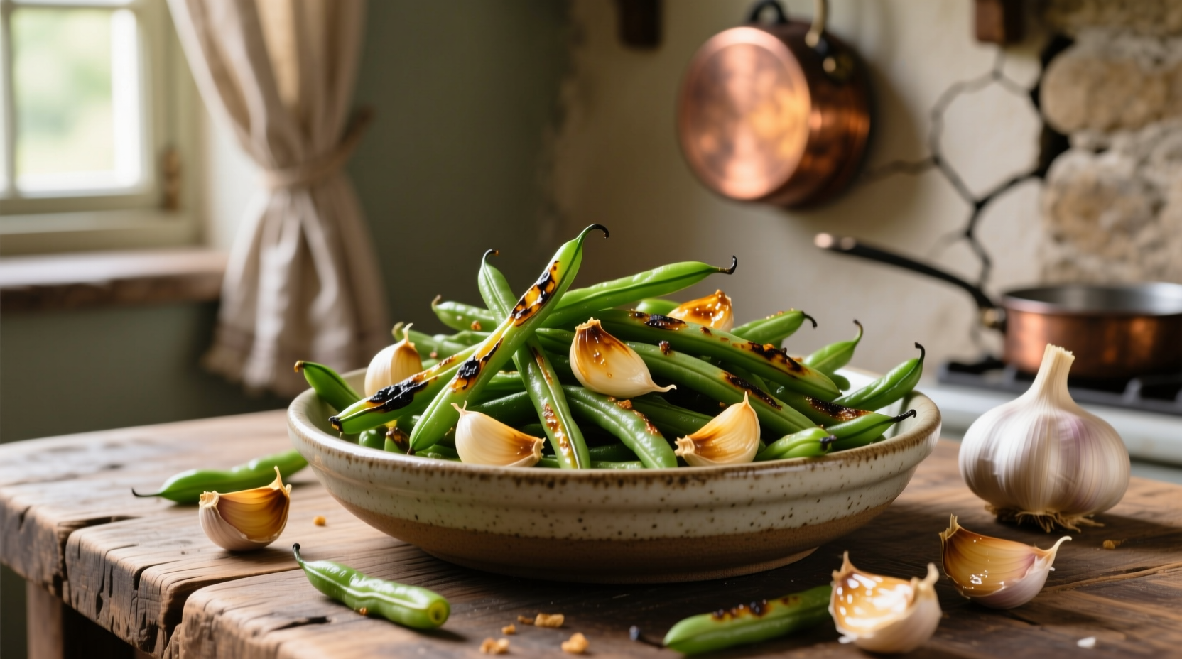Crispy roasted green beans with golden garlic cloves