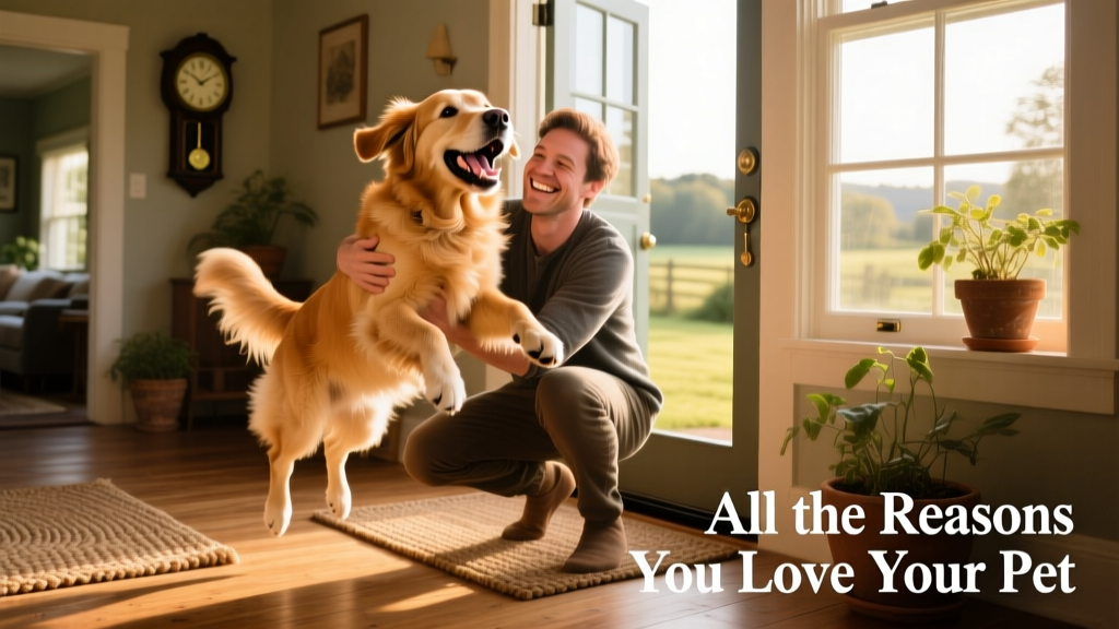 A joyful golden retriever leaping into the air to greet their human at the front door