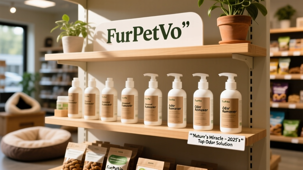 Shelf display of FurPetVo Advanced Odor Remover bottles in a well-lit pet store aisle, with clear signage and eco-friendly packaging visible
