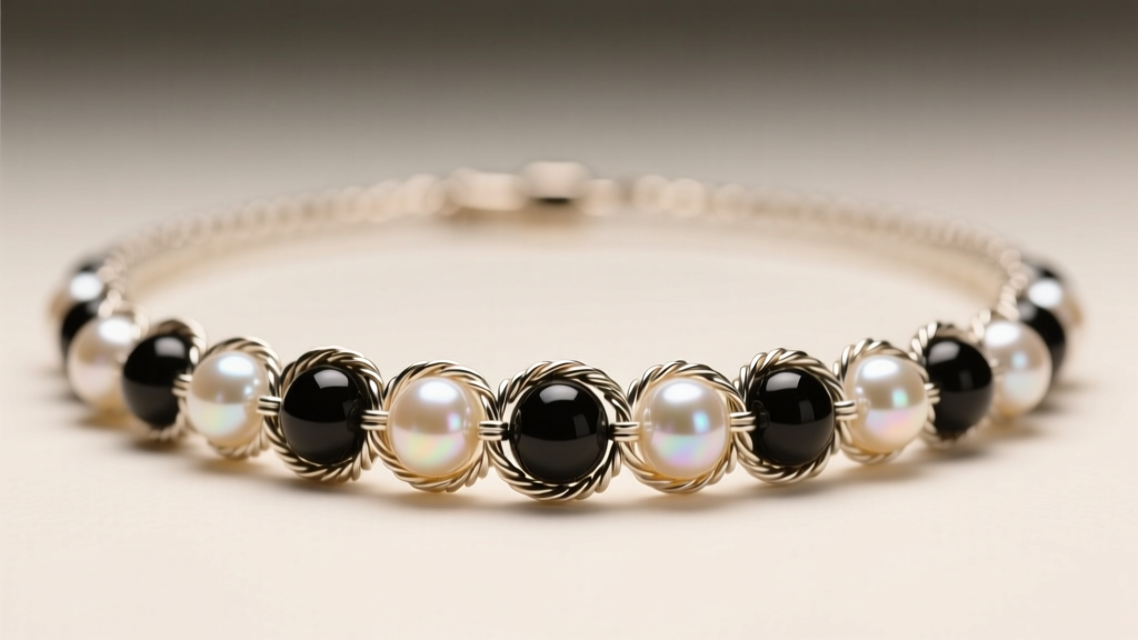 Macro shot of a beaded eyeglass necklace with freshwater pearls and matte onyx stones, highlighting intricate wire-wrapping details.