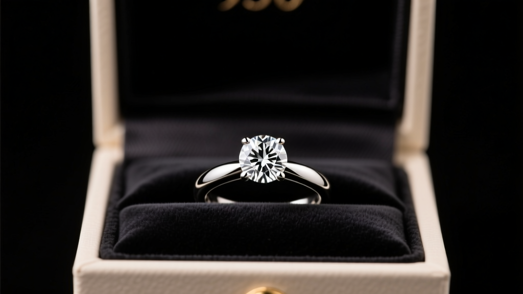 Open gift box revealing a polished 950 platinum solitaire diamond ring on dark velvet, illuminated by soft warm studio lighting.