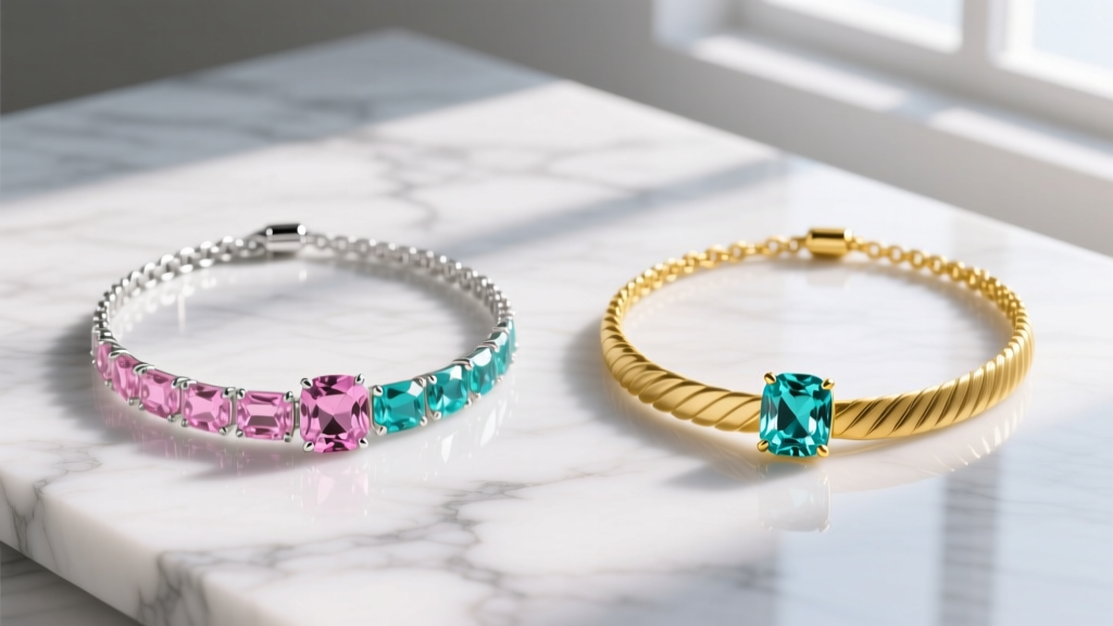 Side-by-side comparison of a pink and turquoise necklace set in polished sterling silver versus brushed 14k yellow gold on marble