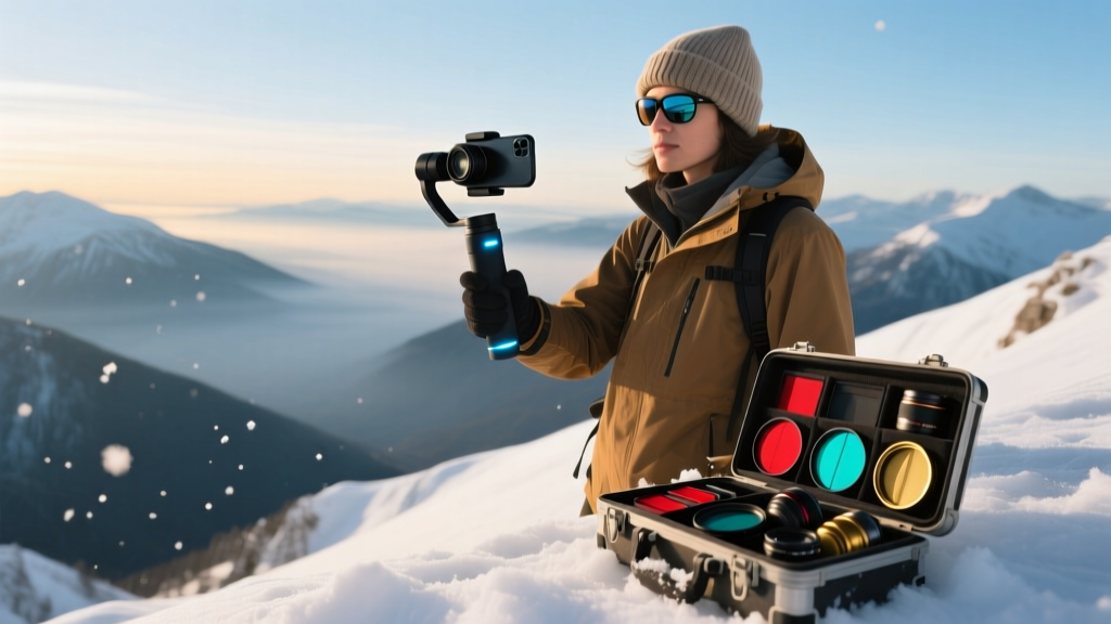 Hiker on a snowy ridge using a smartphone mounted on a gimbal to film the valley below, with a lens kit case visible.