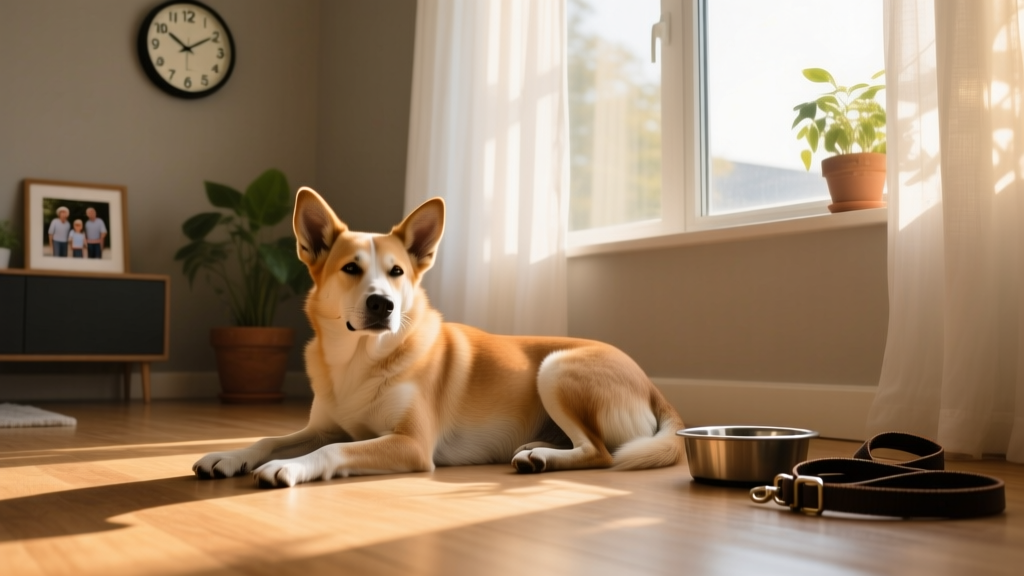 A calm dog resting near a window with soft morning light, illustrating routine and internal clock sensitivity