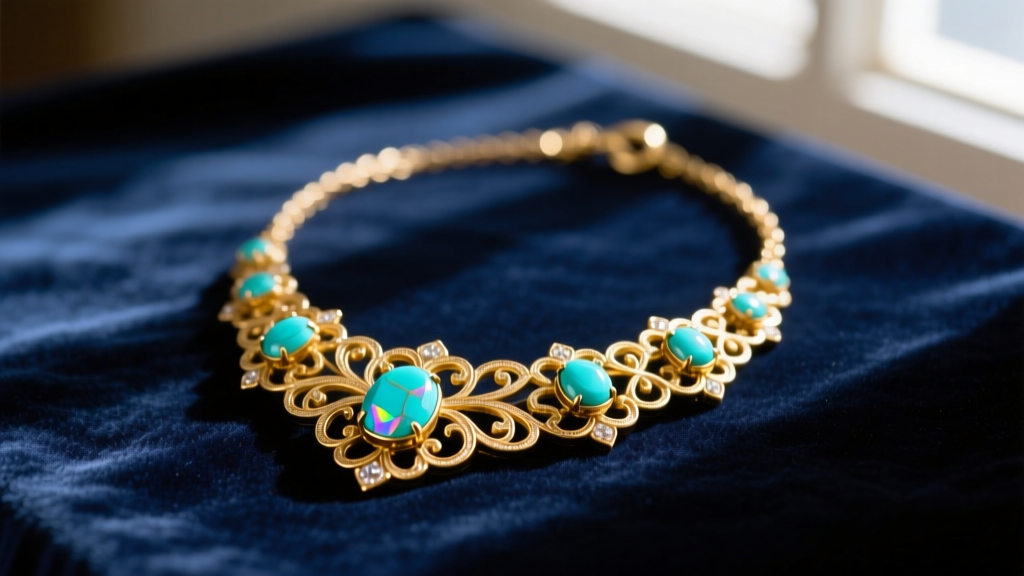 Flat lay of a vintage 1970s Avon gold-tone pendant necklace featuring simulated turquoise stones on a dark velvet backdrop.