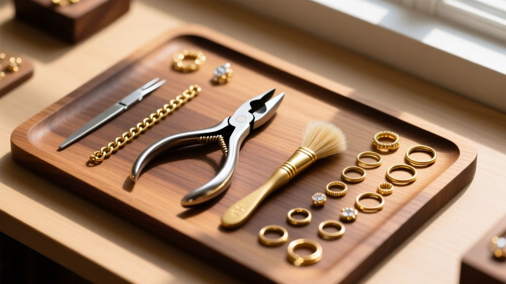 Top-down view of a wooden jeweler bench mat displaying chain-nose pliers, a brass brush, and assorted gold-filled jump rings.