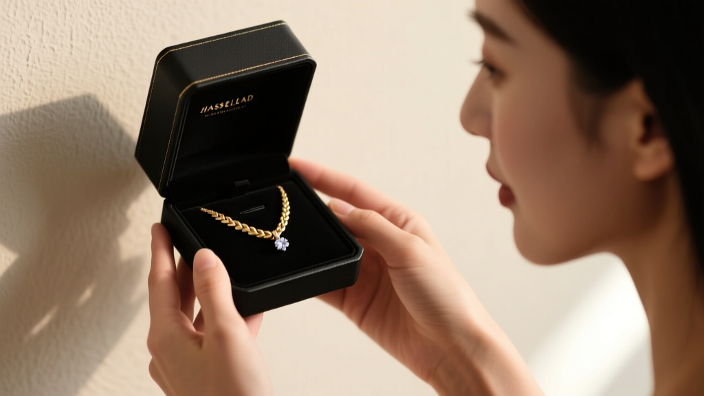 Hands presenting a matte black jewelry box containing a delicate braided gold necklace with a small diamond pendant to a woman