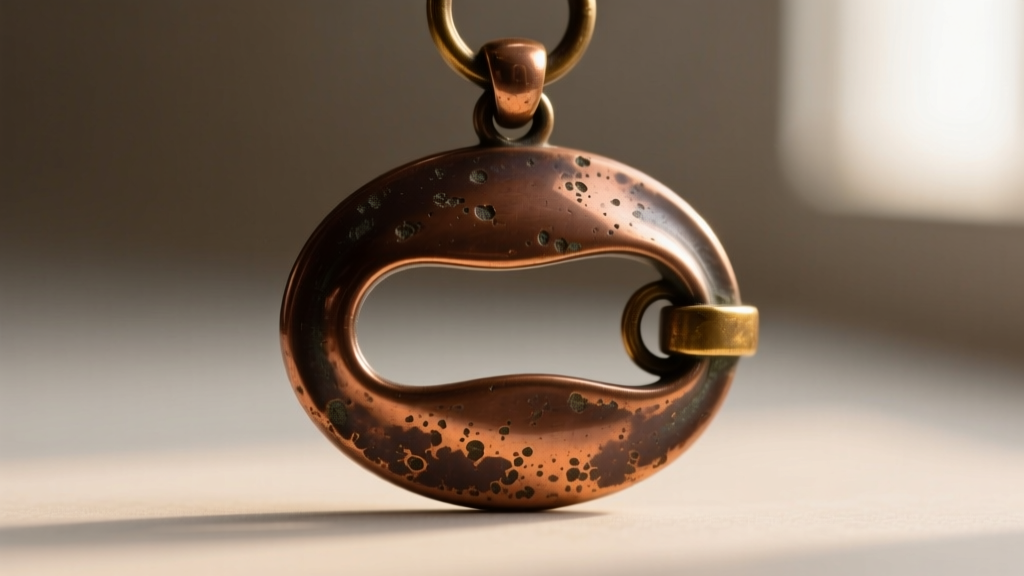 Macro photography of a Renoir copper pendant clasp showing the natural dark brown patina and slight surface pitting from age