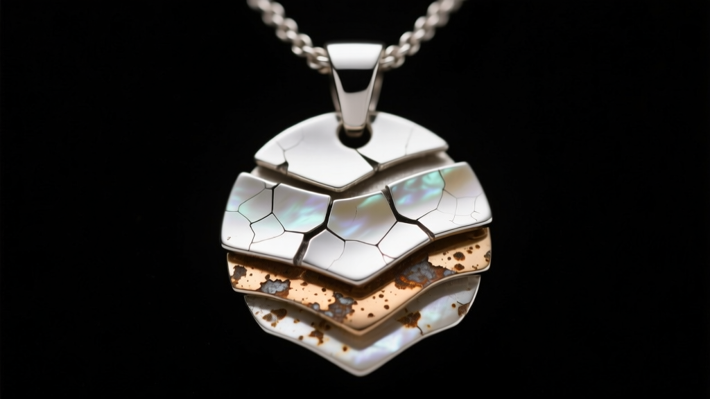 Close-up of a silver-plated pendant necklace showing flaking metal layers under studio lighting to highlight material degradation