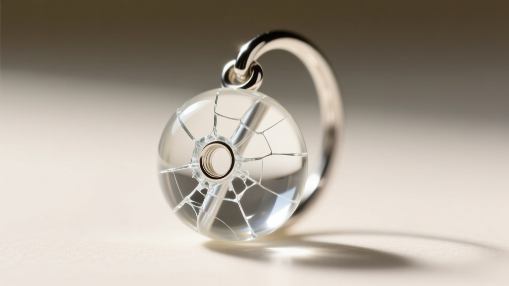 Macro shot of a cracked acrylic bead on a thin silver hoop earring, showing stress fractures around the wire hole in bright light.