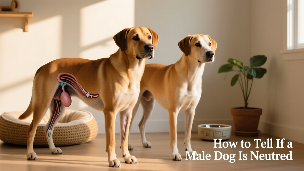 Side-by-side comparison showing intact vs. neutered male dog anatomy, highlighting scrotal differences