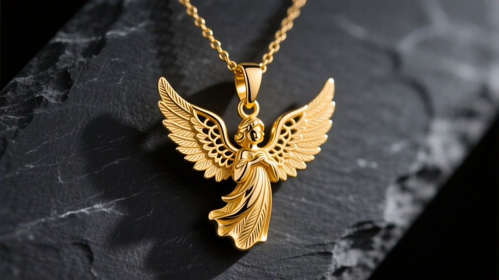 Polished 14k yellow gold guardian angel pendant necklace on dark slate, showing intricate wing details under soft warm lighting.