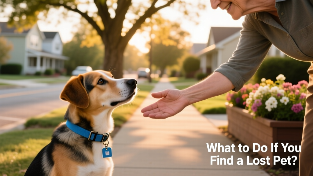 Person gently approaching a calm, friendly dog wearing a collar with ID tag
