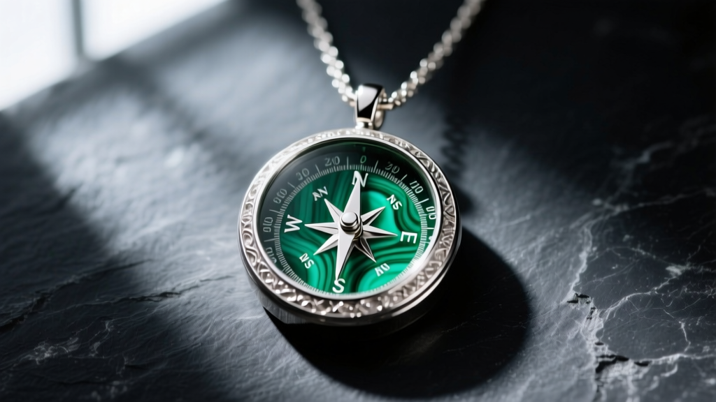 Macro shot of a sterling silver compass necklace with a vibrant green malachite inlay dial, displayed on dark slate