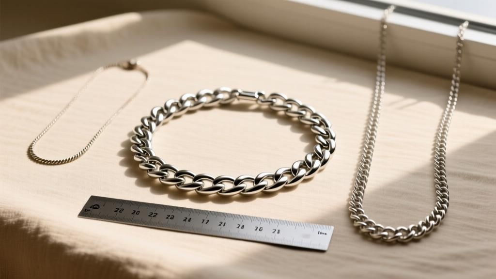 Flat lay photography of three different necklace lengths, highlighting a 22 in silver Cuban link chain next to a ruler for scale.