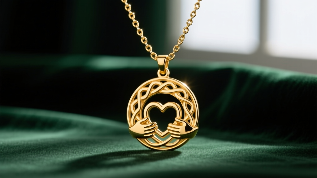 Close-up of a 14k yellow gold Claddagh ring pendant resting on a delicate 18-inch box chain, photographed on dark green velvet.
