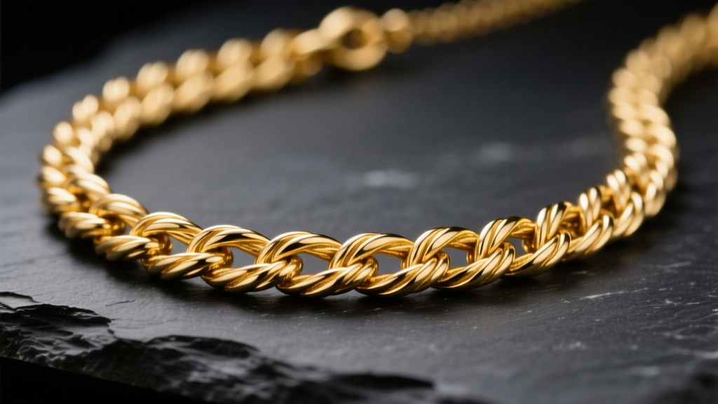 Macro shot of a solid 14k gold rope chain necklace on dark slate, showing twisted link texture and bright studio lighting.