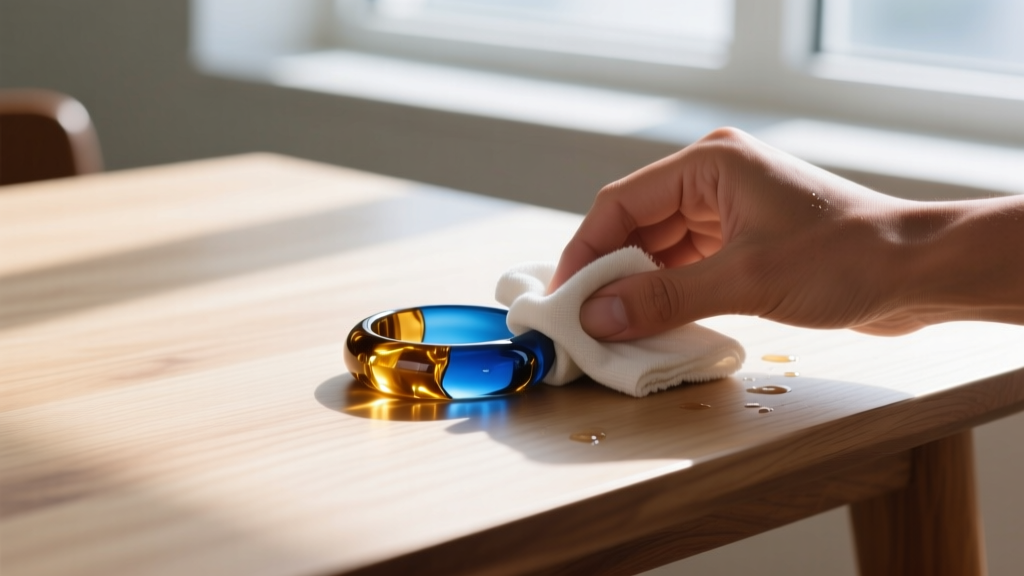 Hands wiping a Dominican blue amber bracelet with a damp microfiber cloth on a wooden table in bright natural daylight.