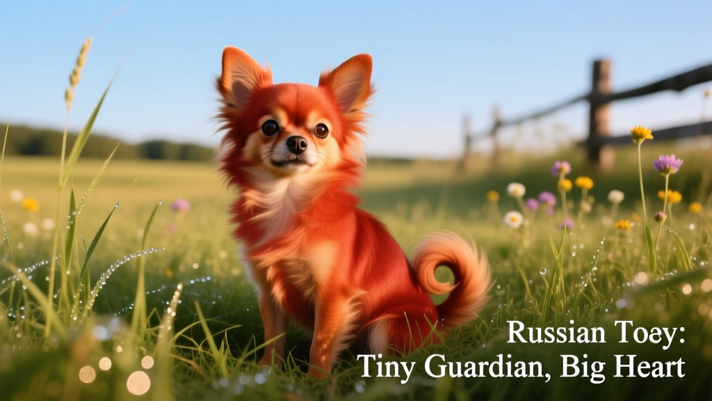 red Russian Toy dog sitting in grass